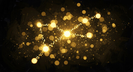 Golden bokeh lights on black background, abstract sparkling particles floating in the dark, luxury and elegance concept