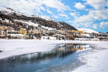 Sankt Moritz. Town and frozen lake of Sankt Moritz luxury winter travel destination panoramic view