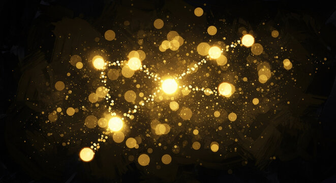 Golden bokeh lights on black background, abstract sparkling particles floating in the dark, luxury and elegance concept