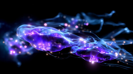 Defocused neon tentacles of alien jellyfish creating abstract flowing light shapes in cosmic water, faceless, with copy space