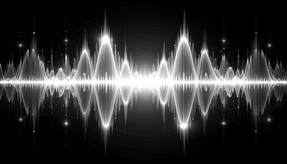 Abstract glowing waveform on black background, featuring bright peaks and valleys with subtle sparkle effects