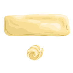 Isolated stick of butter and a butter curl. Hand-drawn vector illustration in a charming watercolor style, perfect for baking ingredients, dairy labels, and breakfast graphics.