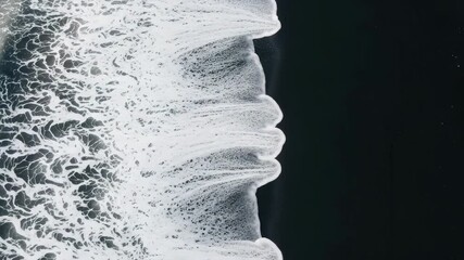 Abstract triptych of ocean waves on a black volcanic sand beach from above. Minimalist drone view showing the natural sequence and texture of white sea foam on dark water - Powered by Adobe