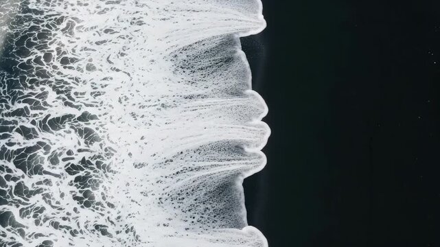 Abstract triptych of ocean waves on a black volcanic sand beach from above. Minimalist drone view showing the natural sequence and texture of white sea foam on dark water