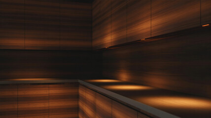 Elegant dark wood kitchen with warm lighting for sophisticated interior design concepts and modern home renovation projects