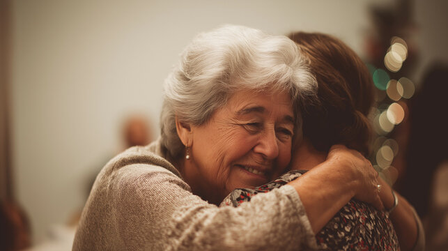 Elderly woman smiling while hugging another person indoors  
