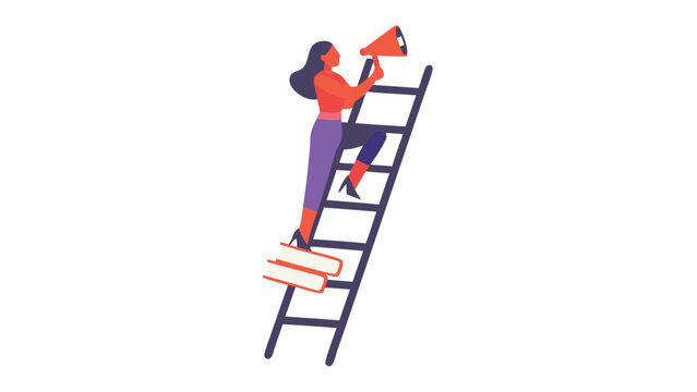 A confident woman ascends a ladder constructed from stacked books symbolizing education knowledge and personal growth towards success and achievement