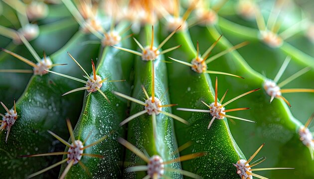 A detailed, extreme close-up view of a vibrant green cactus, highlighting its textured surface and sharp, pointed spines.