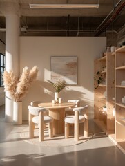 Modern dining area featuring minimalist furniture and pampas grass