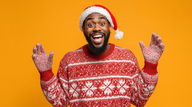 A cheerful Black man wearing a Santa hat, red-and-white Christmas sweater, and matching winter gloves smiles widely with both hands raised in an excited, festive gesture against a bright orange backgr
