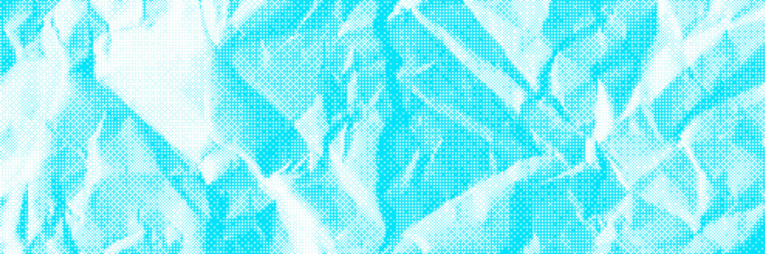 Crinkled blue CMYK halftone newspaper bg with a circular dot pattern. Crumpled paper with a one-color raster texture. Grainy retro graphic design. Retro vector illustration.