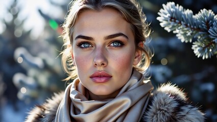 Young woman in a fur coat and golden silk scarf with light brown hair, winter forest and snow-covered pines in the background.