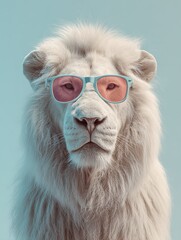 White lion wearing stylish sunglasses looking directly
