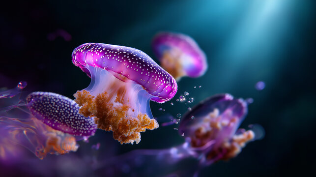 Abstract defocused composition of glowing jellyfish hovering in viscous light-filled water, faceless, with copy space - Powered by Adobe