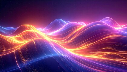 Abstract glowing waves create an otherworldly landscape under a starry sky with vibrant orange, blue, and purple hues