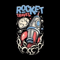 A cartoon rocket launching into space with the words Rocket Travel, surrounded by planets and stars.