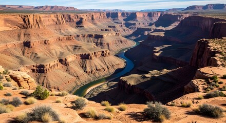 A breathtaking view of the Grand Canyon showcasing layered rock formations, a winding river, and desert vegetation under a clear blue sky