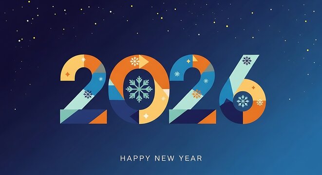 Vibrant and modern abstract graphic design featuring the year 2026 in bold colorful numbers with snowflake accents against a deep blue starry night sky background