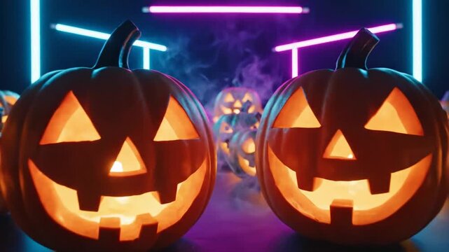 3230155 448 colorful halloween pumpkin lanterns glowing within the dark with neon lighting fixtures on a dark blue background 84263724 1