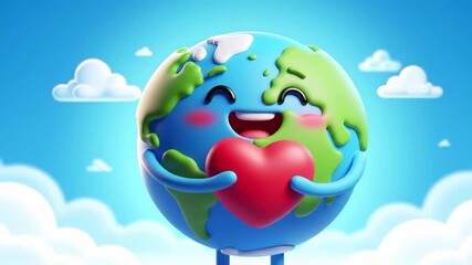 Cartoon earth holding a heart with a happy face on a cloudy blue sky