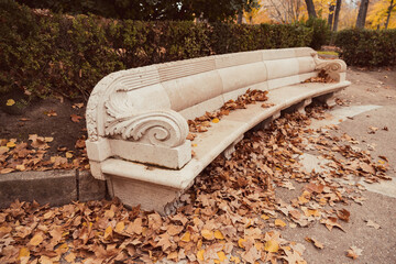 Close-up of a stone bench in a park with dry autumn leaves