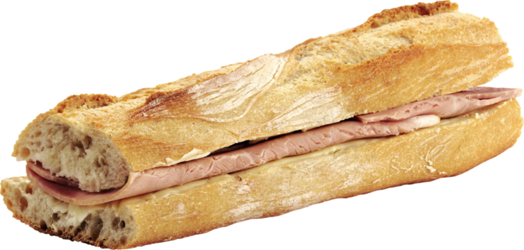 Delicious Fresh Ham and Cheese Sandwich with Lettuce, Tomatoes, Pickles, and Creamy Cheese on Crusty Bread – Gourmet Snack or Healthy Lunch Food Concept Isolated on White Background