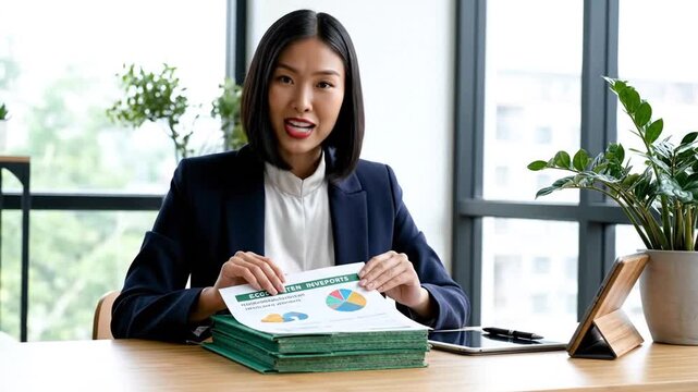 3230155 458 Financial advisor at a desk with green financial reports, eco-friendly, soft light 69275133 1