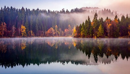 A serene autumn forest with colorful trees is reflected in the still waters of a lake, with mist rising from the water and among the trees.
