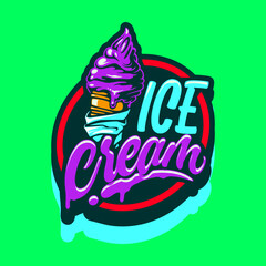 Ice cream cone with purple ice cream and dripping glaze on a green background.