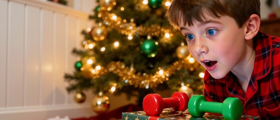 Surprised young boy receiving dumbbells as a Christmas gift. Excited child in pajamas with a fitness present by the holiday tree. Healthy lifestyle and childhood wonder concept
