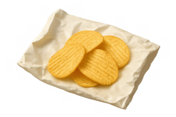 Ruffled potato chips on crumpled paper bag, delicious crunchy snack crisping, transparent background