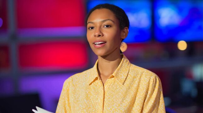 News presenter. Mixed-race woman works as a commentator in the evening news. Light Brown newsreader