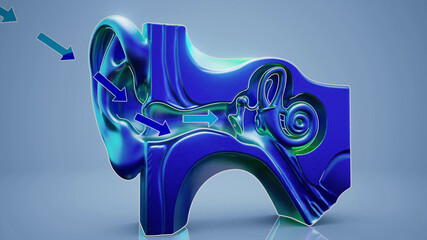 Conceptual 3D illustration of an anatomical ear and sound waves