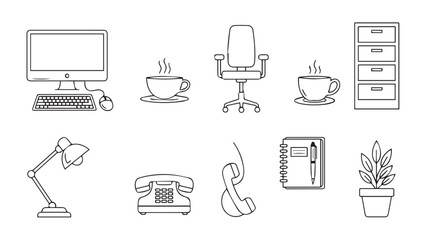 Collection of office supplies and furniture depicted in a simple black and white hand drawn silhouette style