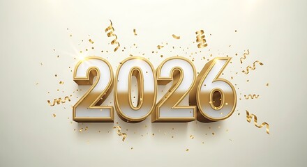 Golden and white 3d numerals spelling out the year 2026 with scattered golden confetti against a light neutral background symbolizing celebration and new beginnings