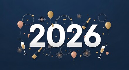 Celebrate the arrival of 2026 with a festive explosion of balloons champagne bottles and glasses creating a dynamic and exciting new year s eve party atmosphere