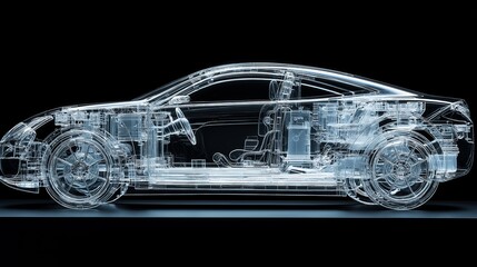 Naklejka premium Wireframe car model made of light lines. Concept of transparent vehicle design