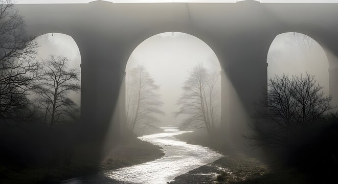 A misty landscape featuring a river flowing beneath an arched stone bridge surrounded by leafless trees and foggy weather conditions