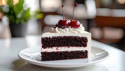 A delicious slice of dark chocolate cake with two layers of white cream filling, topped with whipped cream and two bright red cherries.
