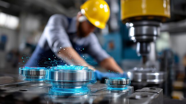 Focus on tools and valve components while the faceless worker appears blurred in the background, holographic overlays present, with copy space