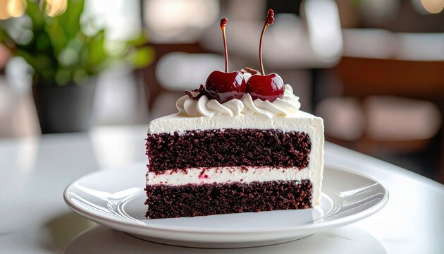 A delicious slice of dark chocolate cake with two layers of white cream filling, topped with whipped cream and two bright red cherries.