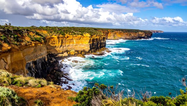 Coastal cliffs meet the ocean under a cloudy blue sky, framed by green plants in the foreground