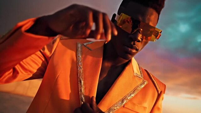 3230155 501 Young stylish black man model wearing sunglasses and posing for edgy and modern fashion editorial against the sky. Conceptual photo. Haute couture contemporary trends in orange  21277937 1