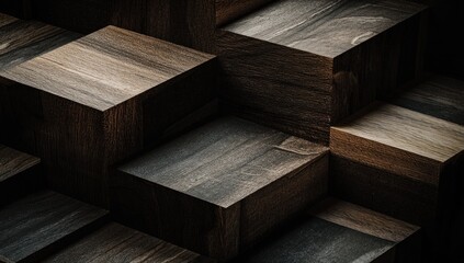 Textured dark wood blocks arranged in a geometric abstract pattern, creating a modern architectural background with shadows.