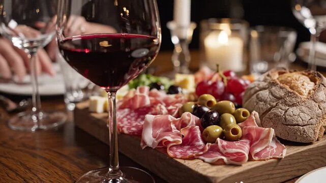 3230155 505 Elegant glass of red wine next to a charcuterie board with cured meats, olives, and bread 25999533 1