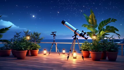 A serene night scene on a wooden deck with telescopes, plants, and lanterns, observing the starry sky