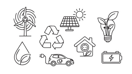 Collection of hand drawn eco friendly energy and sustainability icons in silhouette style