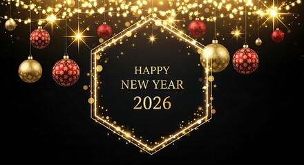 Festive hexagonal frame with happy new year 2026 text surrounded by sparkling christmas ornaments and glowing golden fairy lights on a dark background