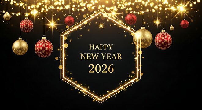 Festive hexagonal frame with happy new year 2026 text surrounded by sparkling christmas ornaments and glowing golden fairy lights on a dark background - Powered by Adobe