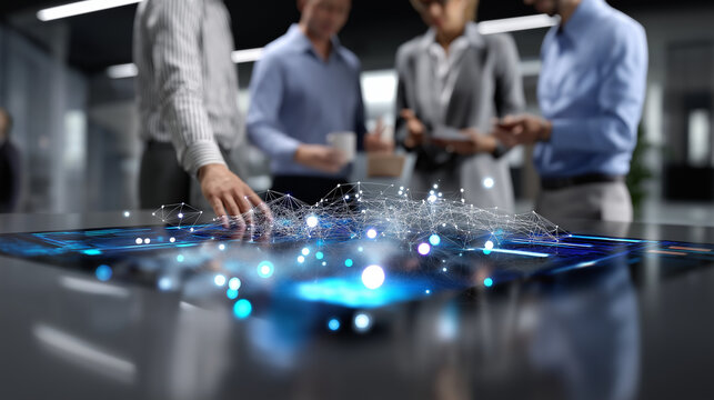 Faceless team interacting with semi-transparent holographic schematics, platform deck softly defocused to create depth, with copy space